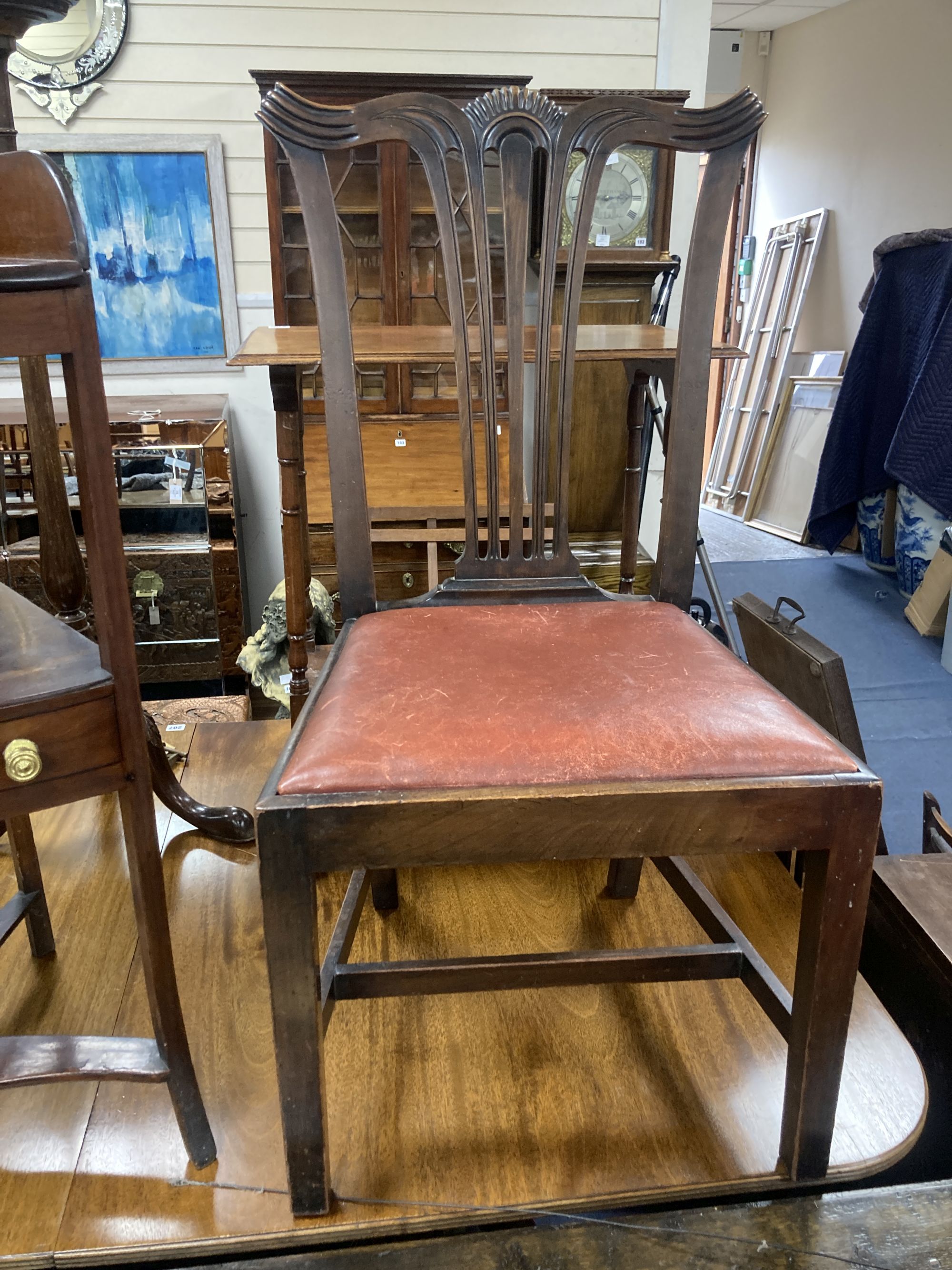A George III mahogany corner washstand, width 55cm, depth 37cm, height 90cm, together with a dining chair